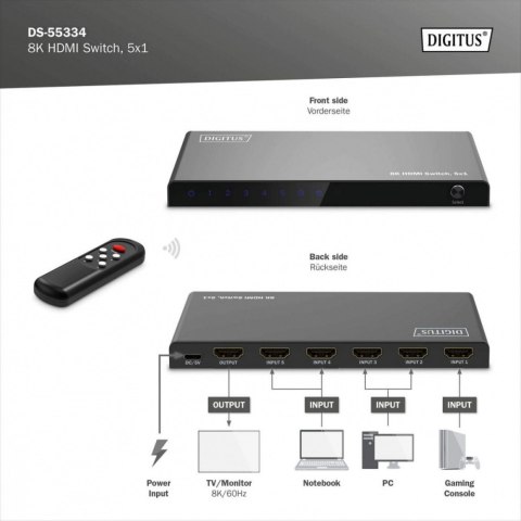 Przełącznik/Switch 8K HDMI 5x1, 60Hz (4:4:4), HDR, HDCP 2.3, pilot, Czarny