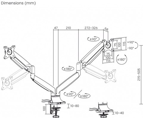 Uchwyt biurkowy gazowy do 2 monitorów LED/LCD 17-35" L-36HD 1-15KG 1xUSB-A 1xUSB-C 3.0 Heavy Duty