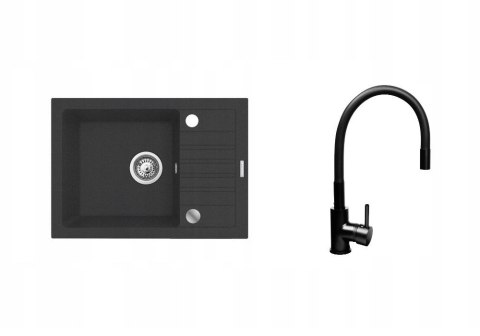 Czarny zestaw zlewozmywak z baterią giętką - zlew MAIDSINKS BALI (62x44) 1B1D czarny + bateria Flessi Black Edition czarna