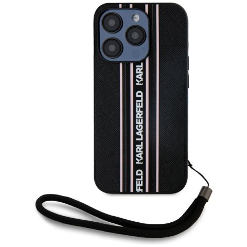 Etui Karl Lagerfeld Saffiano Athleisure Stripes Cord do iPhone 15 Pro czarno-różowy