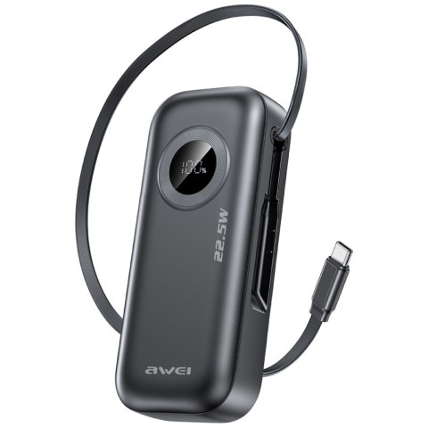 AWEI PowerBank PA-9 10000mAh 22.5W z wyciąganym kablem czarny/black