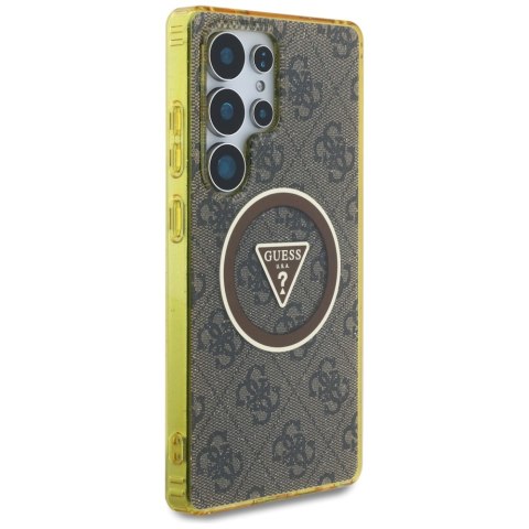 Etui Guess 4G Glitter Triangle Buttons MagSafe do Samsung Galaxy S25 Ultra brązowy