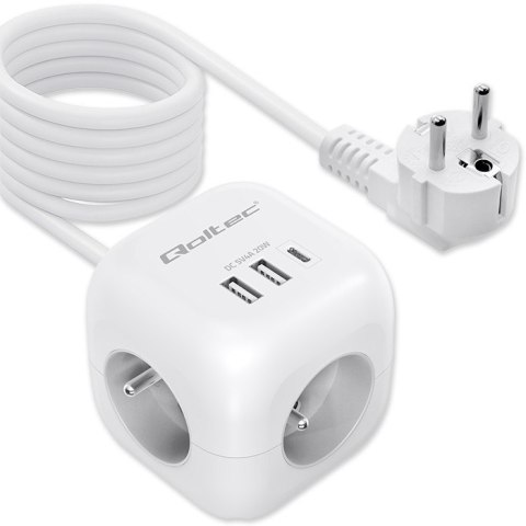 Kostka zasilająca przedłużacz 6w1 z podświetlanym włącznikiem | 3x AC | 2x USB | 1x USB-C PD 20W | biała | kabel 2m