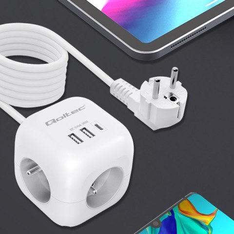 Kostka zasilająca przedłużacz 6w1 z podświetlanym włącznikiem | 3x AC | 2x USB | 1x USB-C PD 20W | biała | kabel 2m