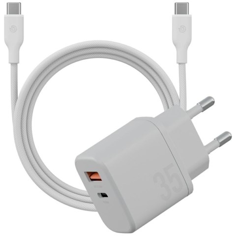 Ładowarka sieciowa Bazic Goport Velox Kit 1xUSB-C 1xUSB-A GaN 35W z kablem plecionym biały