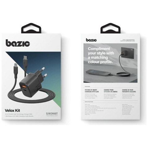 Ładowarka sieciowa Bazic Goport Velox Kit 1xUSB-C 1xUSB-A GaN 35W z kablem plecionym czarny