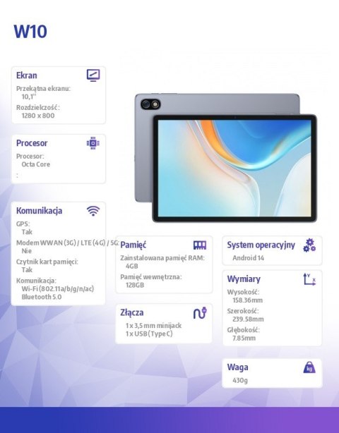 Tablet Tab W10 WiFi 10.1" 4/128GB Space Grey z ładowarką
