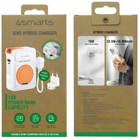 Ładowarka hybrydowa 4smarts 6w1 USB-C/USB-A PD 22.5W z powerbankiem 10 000 mAh, ładowanie indukcyjne Qi, kabel USB-C, b