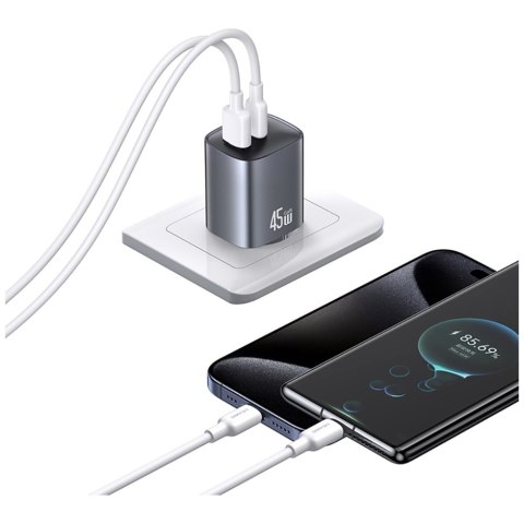 Ładowarka sieciowa USAMS CC290 T66 45W GaN 1xUSB-A 1xUSB-C srebrny
