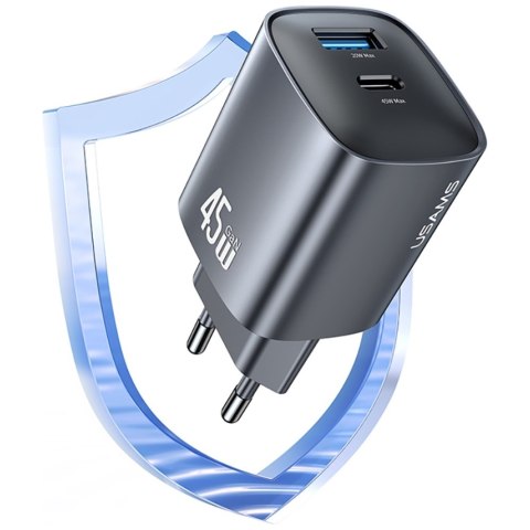 Ładowarka sieciowa USAMS CC290 T66 45W GaN 1xUSB-A 1xUSB-C srebrny