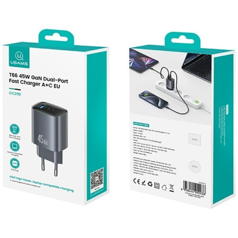 Ładowarka sieciowa USAMS CC290 T66 45W GaN 1xUSB-A 1xUSB-C srebrny