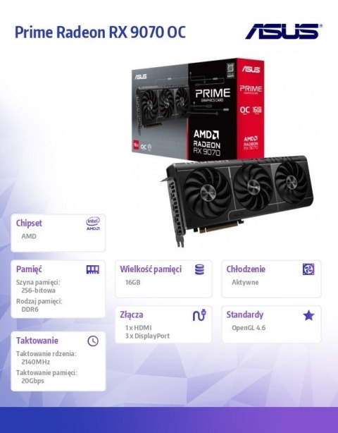Karta graficzna RX 9070 PRIME OC 16GB GDDR6 256bit DP/HDMI