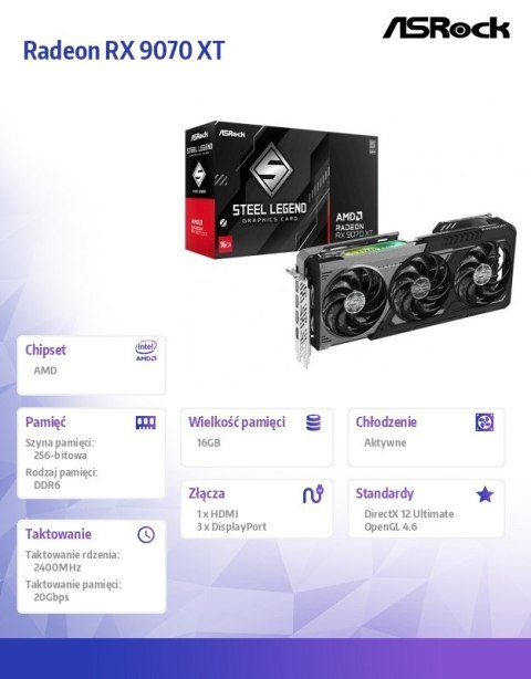 Karta graficzna Radeon RX 9070 XT STEEL LEGEND DARK 16GB GDDR6 256bit 3DP/HDMI
