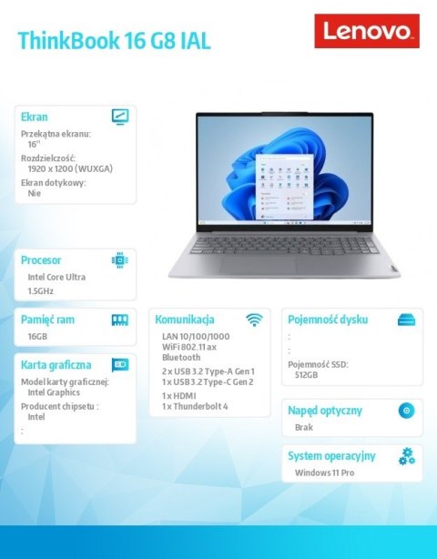 Notebook ThinkBook 16 G8 21SK008PPB W11Pro Ultra 5 225U/16GB/512GB/INT/16.0 WUXGA/Luna Grey/3YRS OS + CO2 Offset