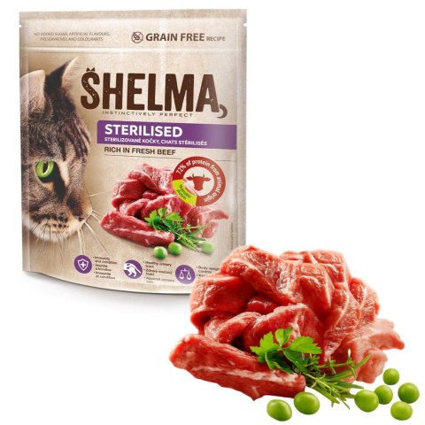 SHELMA karma sucha - pełnoporcjowa karma dla dorosłych kotów sterylizowanych. Bogata w wołowinę 750 g