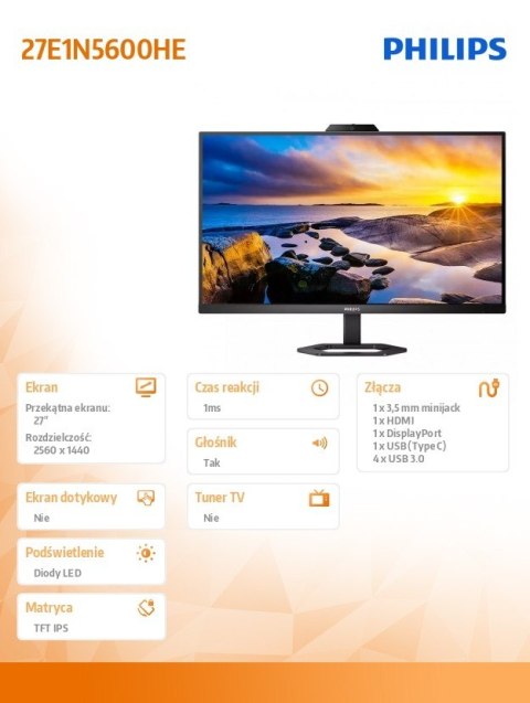 Monitor 27 cali 27E1N5600HE IPS HDMI DP USB-C Pivot Kamera Głośniki