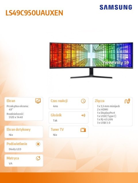 Monitor 49 cali ViewFinity S95UC VA 5120x1440 DQHD 32:9 2xHDMI 1xDP 1xUSB-C (90W) 3xUSB 3.0 LAN 5ms PinP/PbyP 120Hz HAS gł. zakr