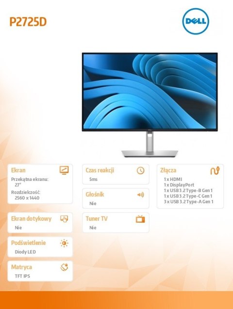 Monitor 27 cali P2725D IPS QHD LED/16:9/HDMI/DP/USBC/3Y