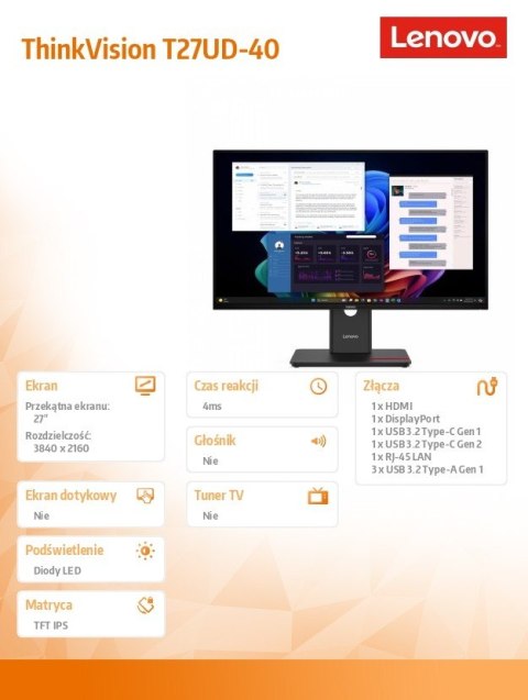 Monitor 27 cali ThinkVision T27UD-40 64AFGAT2EU