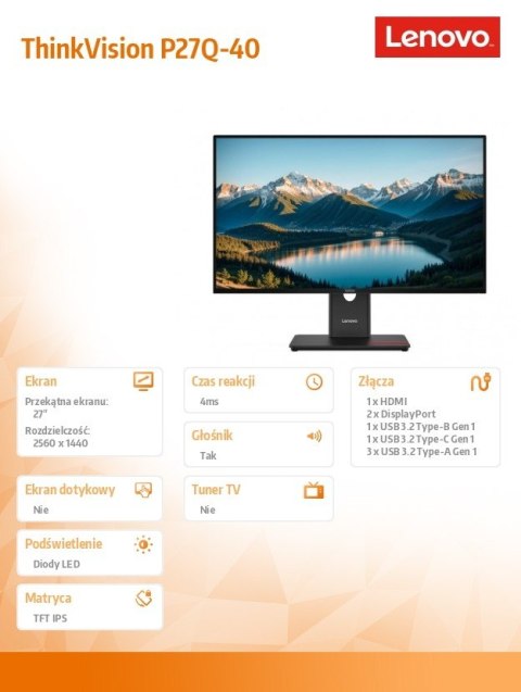 Monitor ThinkVision 27.0 P27Q-40 WLED LCD 64A7ZAT6EU