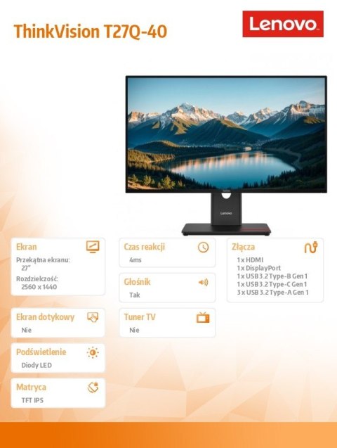 Monitor ThinkVision 27.0 T27Q-40 WLED LCD 64A6ZAT6EU