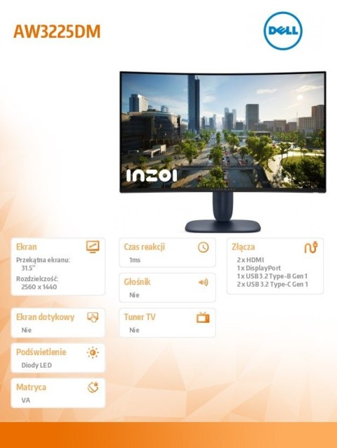 Monitor AW3225DM 31.6 cala Curved NVIDIA G-Sync Compatible 180Hz VA QHD (3440x1440)/16:9/DP/2xHDMI/3xUSB 3.2/3Y AES&PPE