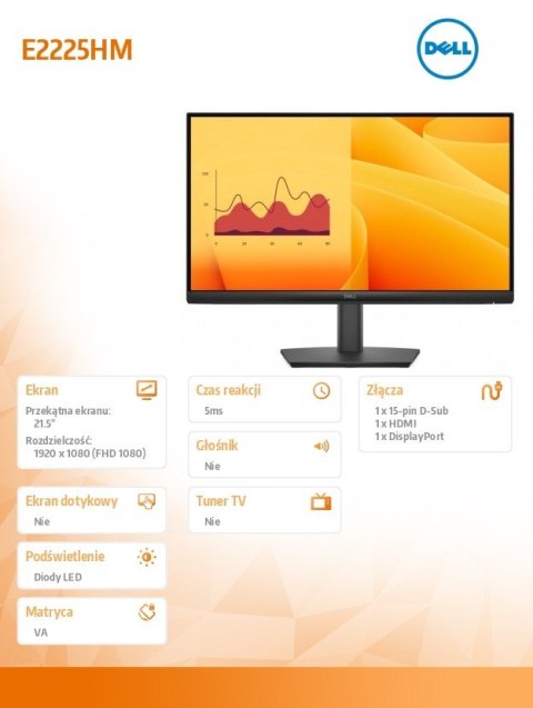 Monitor E2225HM 21.5 cala LED VA Full HD (1920 x1080)/16:9/DP/HDMI/VGA/3Y