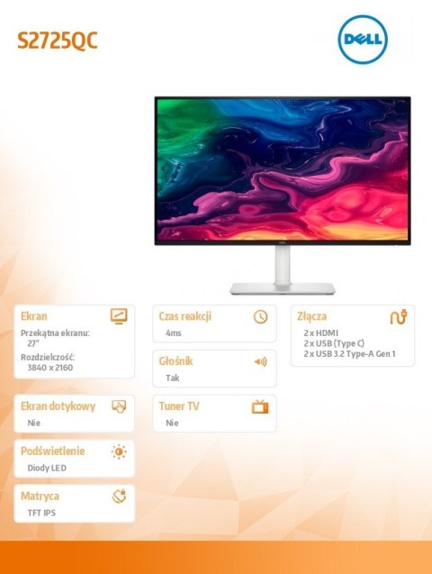 Monitor S2725QC 27 cali AMD FreeSync IPS LED 4K (3840x2160)/2xHDMI/USB-C/2xUSB 3.2/Speakers/3Y