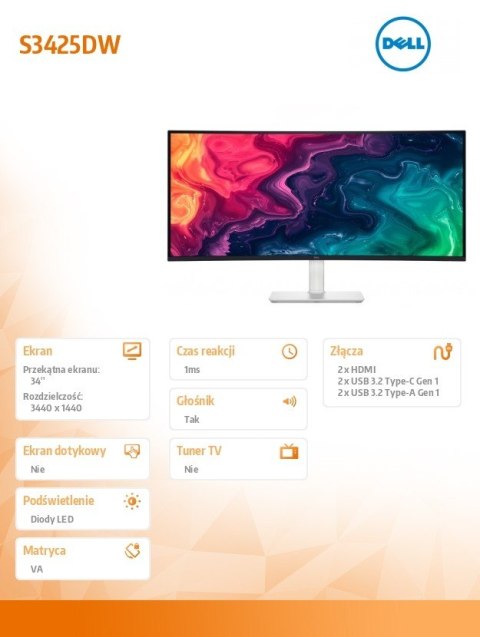 Monitor S3425DW 34 cale Curved AMD FreeSync VA LED WQHD (3440x1440)/2xHDMI/2xUSB-C/2xUSB/3Y AES&PPE