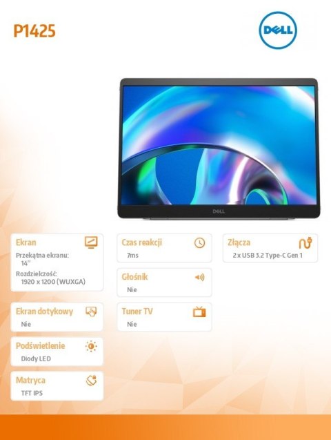 Monitor przenośny P1425 14 cali LED IPS 1920x1080/WUXGA/2xUSB-C/3Y