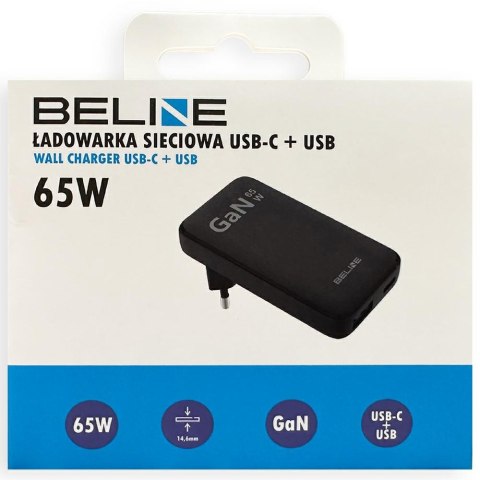 Beline Ład. siec. 1x USB-C + 1x USB 65W czarna /black (only head) PD 3.0 + QC 3.0 BLN2CW65