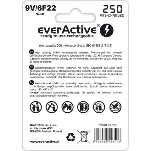 Baterie akumulatorowe EverActive EVHRL22-250 6F22 200 mAh 9 V