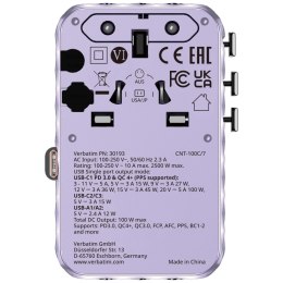 Verbatim Adapter podróżny EU/UK/US GaN 2xUSB-C/2xUSB-A/1xUSB-C PD 100W fioletowy 30193