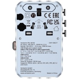Verbatim Adapter podróżny EU/UK/US GaN 2xUSB-C/2xUSB-A/1xUSB-C PD 100W niebieski 30192