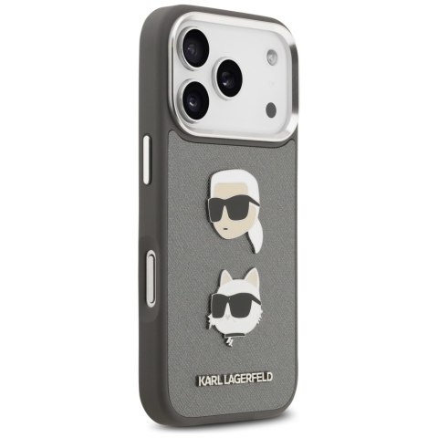 Etui Karl Lagerfeld FW Grained Karl & Choupette Heads Pins & Logo do iPhone 17 Pro szary
