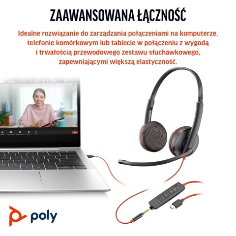 POLY Zestaw słuchawkowy Blackwire 3225 Stereo USB-C + wtyczka 3,5 mm + przejściówka USB-C/A
