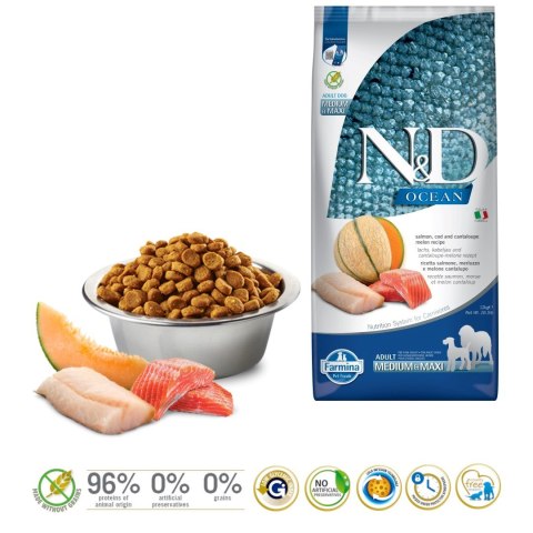 FARMINA N&D Ocean Dog Salmon, Cod, Cantaloupe, Melon Adult Medium&Maxi- sucha karma dla psa - 12 kg
