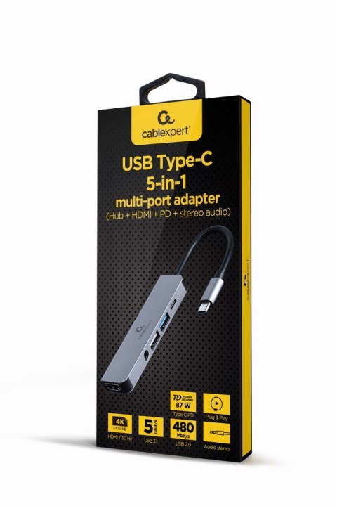 GEMBIRD MULTI ADAPTER USB TYP-C 5W1 (HUB + HDMI + PD + DŹWIĘK STEREO) SREBRNY