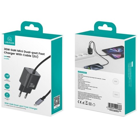 Ładowarka sieciowa USAMS JC Series CC264 30W GaN Mini Fast Charge USB-C / wbudowany kabel USB-C biały