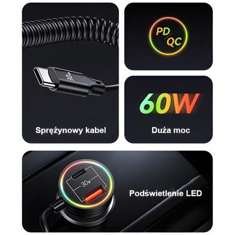 USAMS Ład. sam. 2xUSB-C 1xUSB-A C33 60Wwith spring cable Fast Charge czarny/black CC167CC01 (US-CC167)