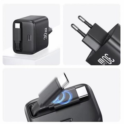 USAMS Ład. siec. 1xUSB-C ze zwijanymkablem USB-C Retractable PD+QC 30W Gan Fast Charging biały/white YC Series CC241TC02 (US-CC2