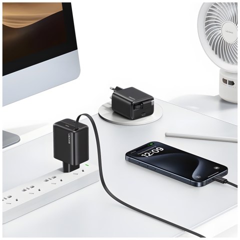 USAMS Ład. siec. 1xUSB-C ze zwijanymkablem USB-C Retractable PD+QC 30W Gan Fast Charging czarny/black YC Series CC241TC01 (US-CC