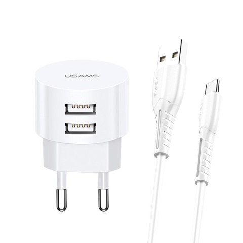 USAMS Ład. siec. 2xUSB T20 2,1A microUSBbiały/white round Fast Charging XTXLOGT18MC05