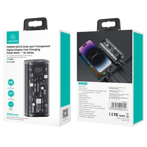 USAMS Powerbank 9000mAh PD 20WQC3.0+PD Dual-Port Fast Charge czarny/black 10KCD18901(US-CD189)