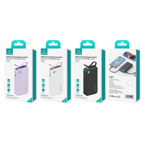 USAMS Powerbank ze zwijanym kablem USB-CRetractable 10000 mAh PD 20W Fast Charge XY Series biały/white 10KCD22402 (US-CD224)