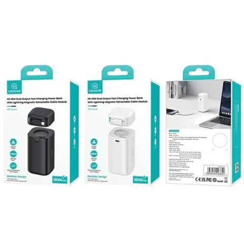 USAMS Powerbank ze zwijanym kablemRetractable Lightning 18000 mAh PD45W Fast Charge XMF Series czarny/black 20KCD21701 (US-CD217