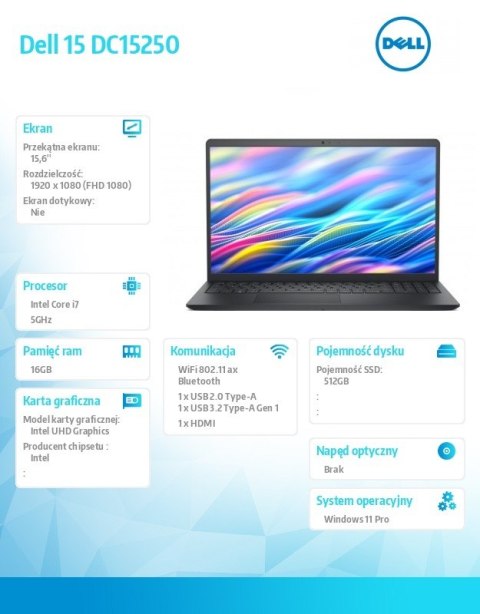 Laptop Dell 15 DC15250 W11P i7-1355U/16GB/512GB SSD/UHD/WLAN + BT/15.6 FHD/Backlit Kb/4 Cell/65W/3YPS Carbon Black (Plastic)