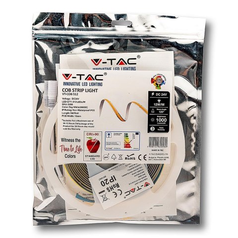 Taśma LED V-TAC VT-COB 512 bezpunktowa 512LED COB 24V CRI90+ 12W/m 4000K 1000lm (SKU 2650)
