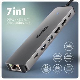 AXAGON HMC-7HX2 Hub USB, 2x USB-A, 1x USB-C, 2x HDMI 2.0, 1x RJ45, 100 W PD - srebrny