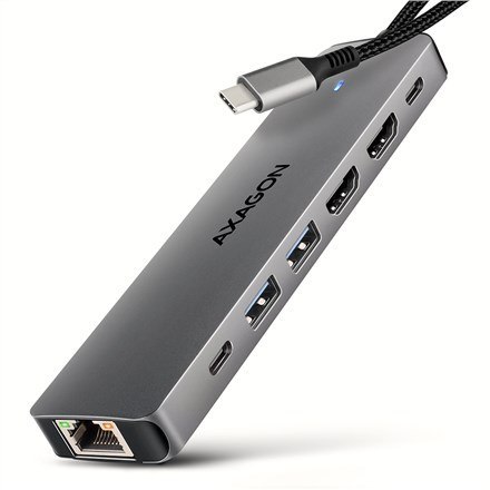 AXAGON HMC-7HX2 Hub USB, 2x USB-A, 1x USB-C, 2x HDMI 2.0, 1x RJ45, 100 W PD - srebrny